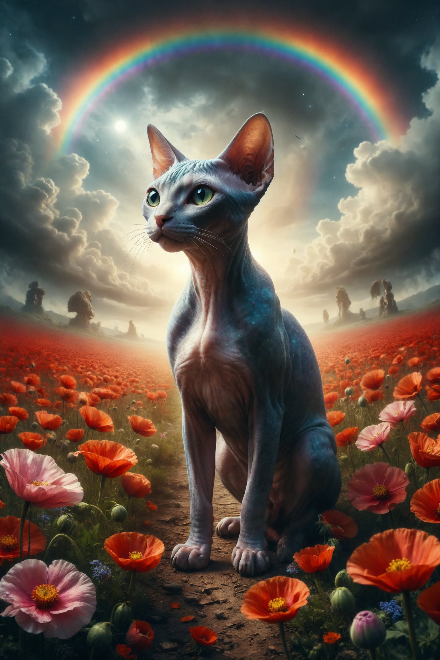 Generate a surreal image of a Sphynx cat with moon skin strolling through a field of poppies under a double rainbow in a fantasy world full of harmony and serenity.