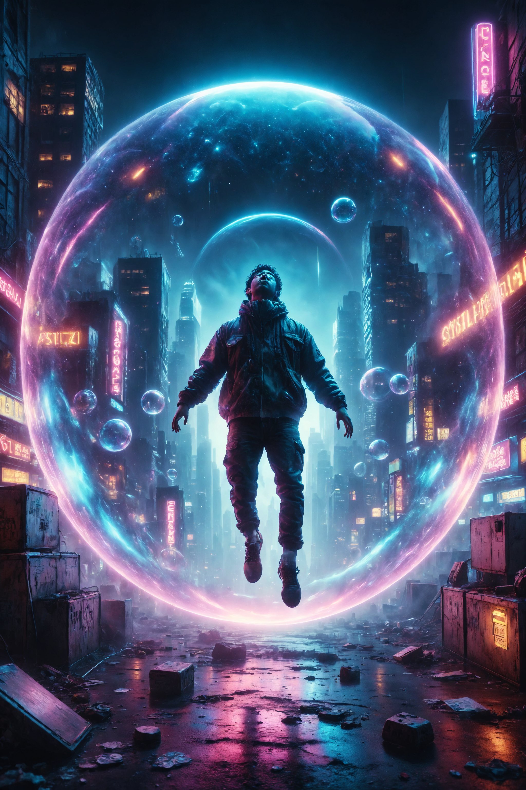 Create an illustration of a person floating in a crystal bubble over a city lit by neon lights.