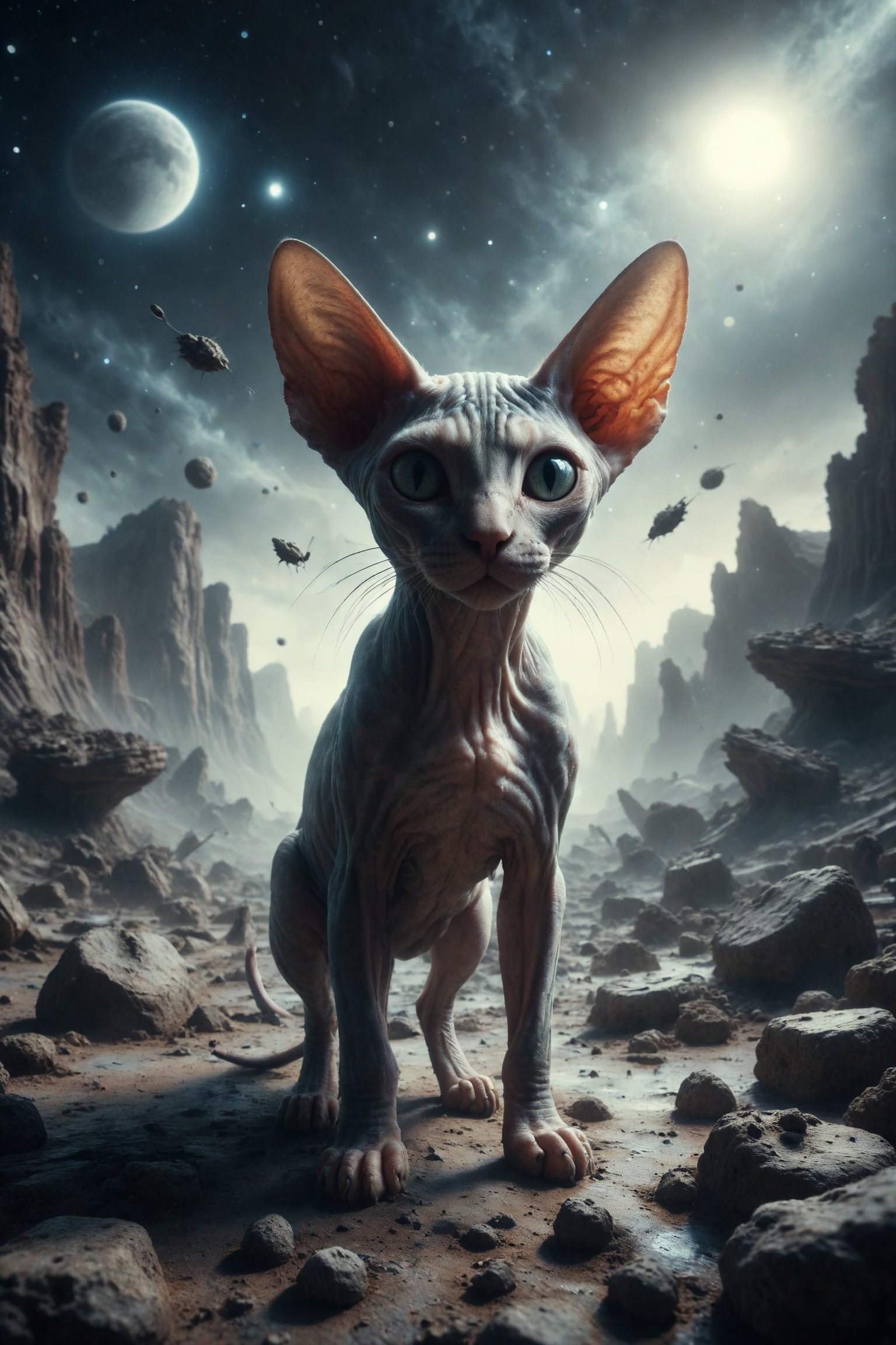 Generate a surreal image of a Sphynx cat with alien antennas exploring a lunar landscape full of craters and floating rocks in a science fiction universe.