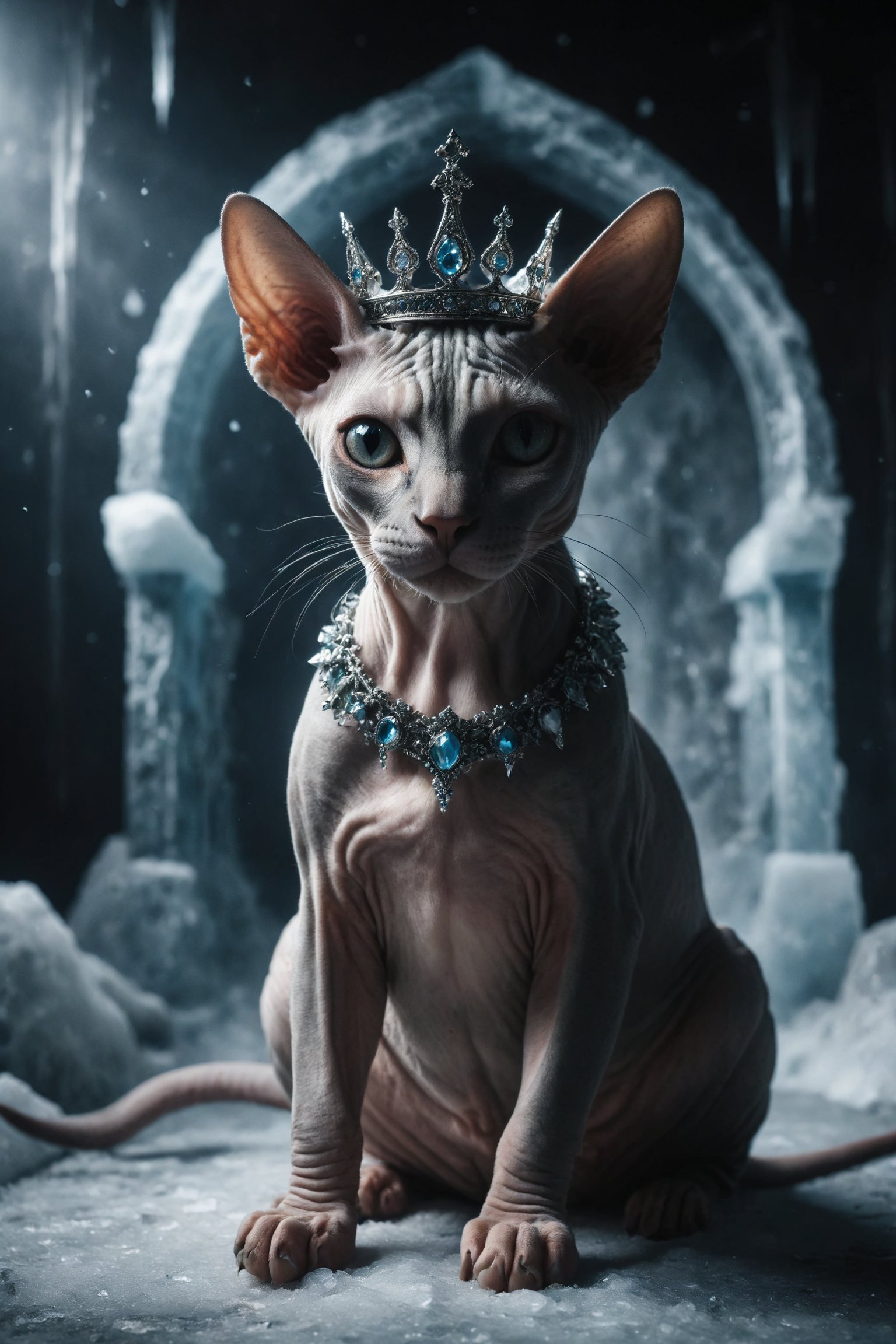 Creates an image of a female Sphynx cat with crown on her head and on an ice throne, with a single sword