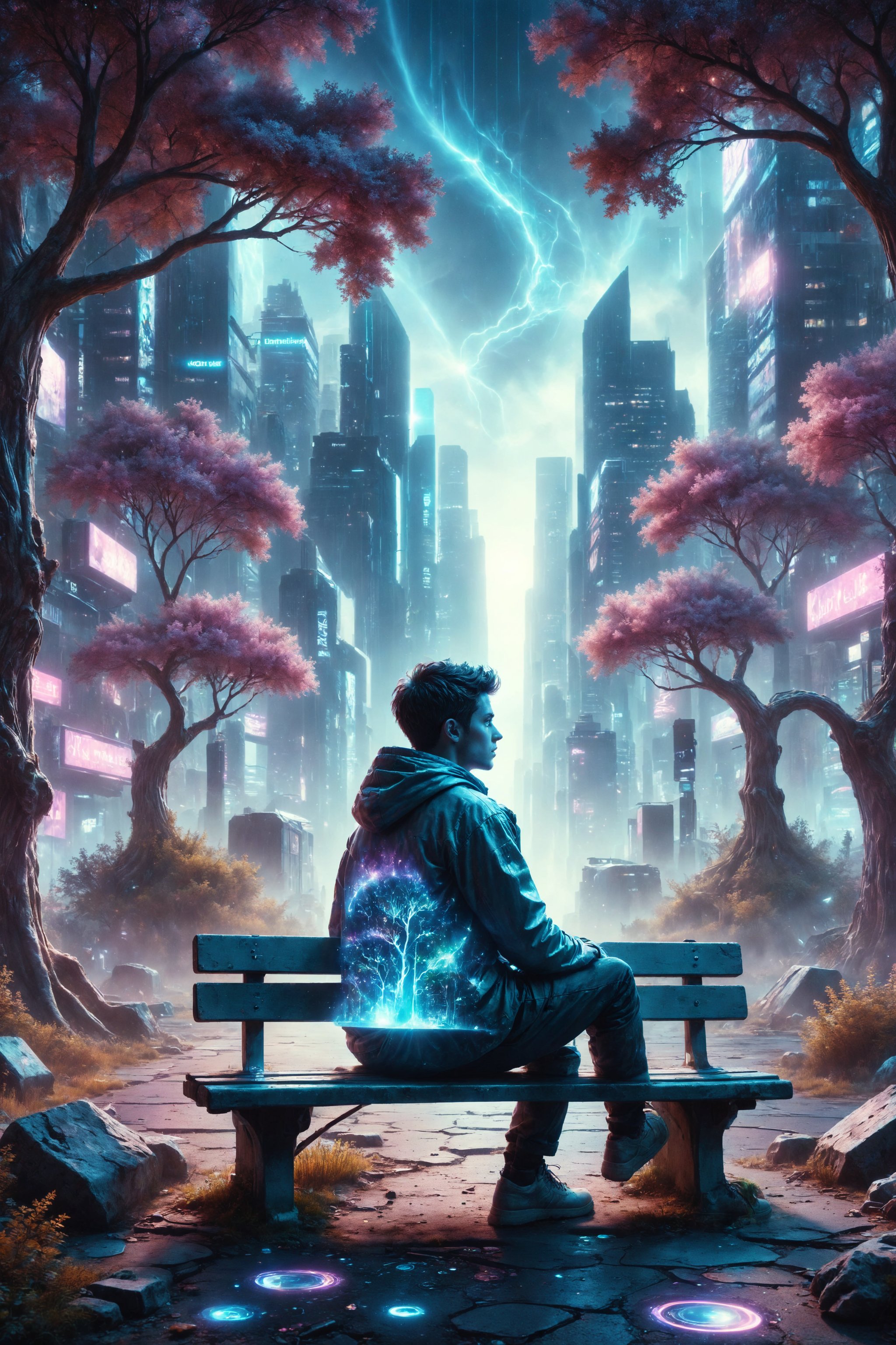 Create an illustration of a person sitting on a park bench in a futuristic city with holographic trees.