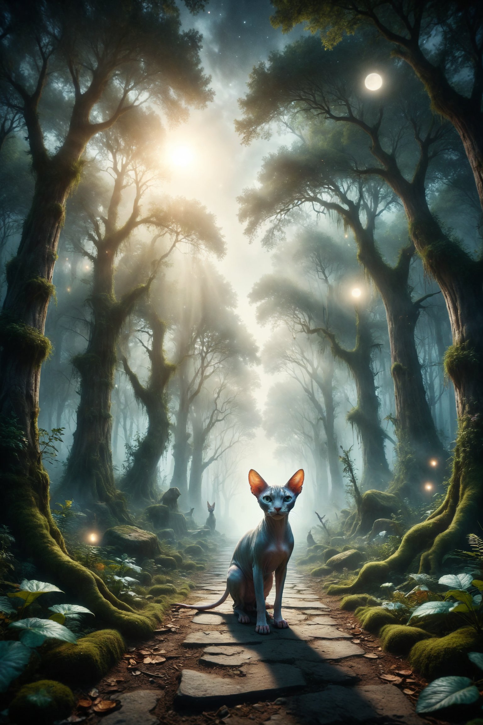 Design a dreamy scene where a Sphynx cat with mist skin glides along a path of light in an enchanted forest full of whispering trees and ancient spirits under the full moon.