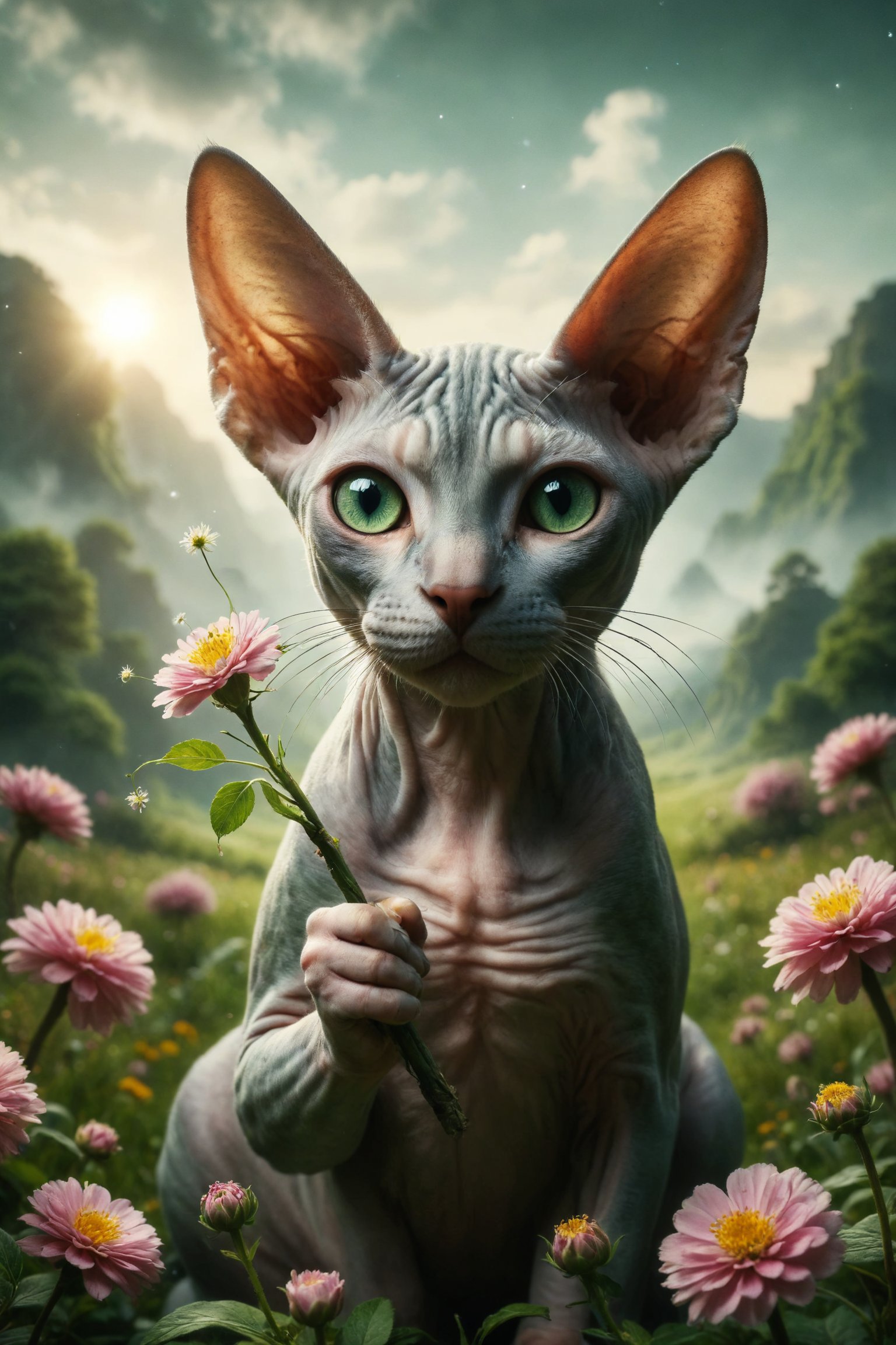 Create an image of a Sphynx cat holding a flowering wand over a green landscape, symbolizing the beginning of new ideas, projects, and creativity.