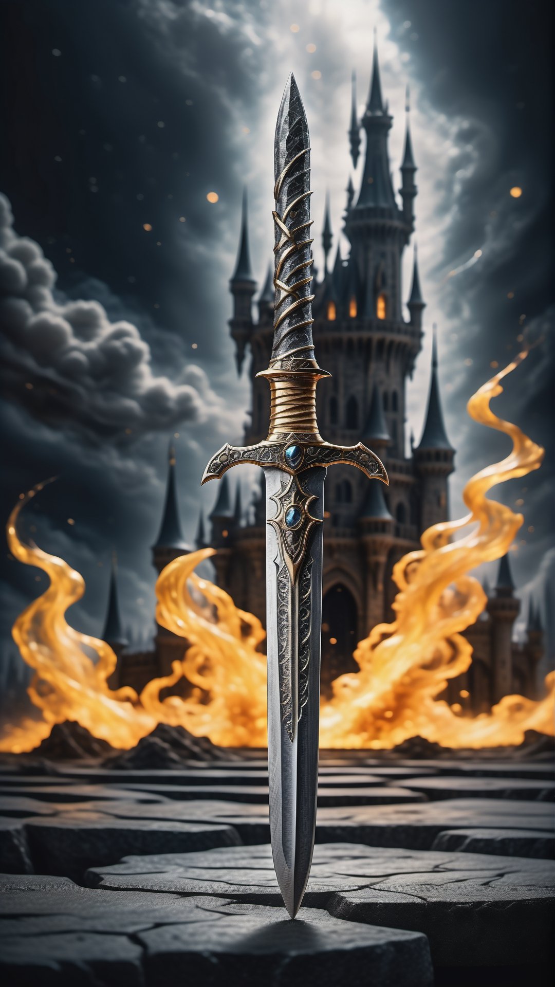 (best quality,  highres,  ultra high resolution,  masterpiece,  realistic,  extremely photograph,  detailed photo,  8K wallpaper,  intricate detail,  film grains),  High definition photorealistic photography of ultra luxury,  Design concept of premium collectible Gothic and Medieval-style Dagger, set in a chaotic environment with swirling fire particles and a Gothic castle in the background. A luxurious design featuring marble,  glass,  and golden metal,  with black and white details. The design is inspired by the main stage of Tomorrowland 2022,  with ultra-realistic gothic details and a high level of intricacy in the image.