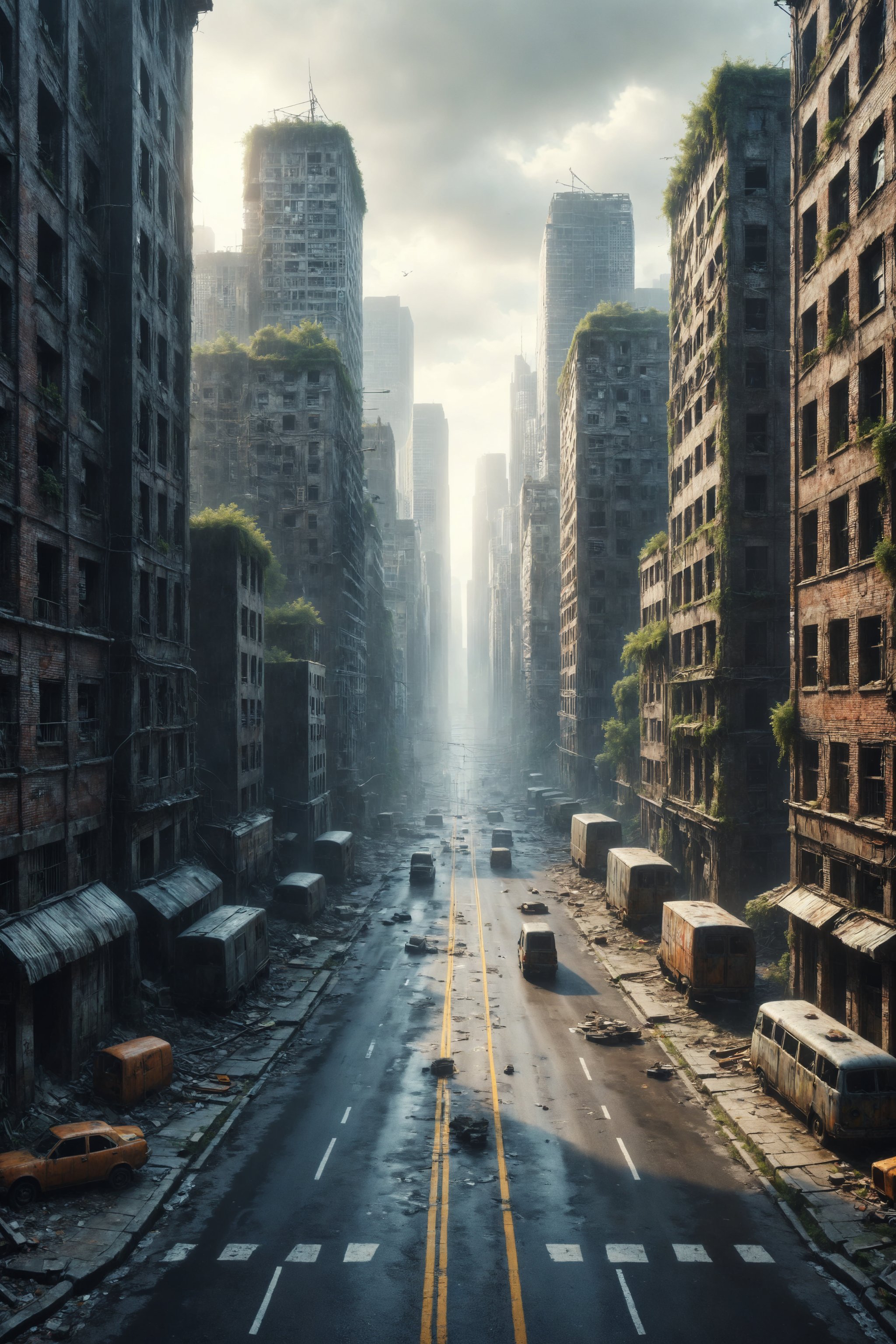 Create an illustration of a city street where buildings are made of rubber and stretch and shrink with the passage of time.