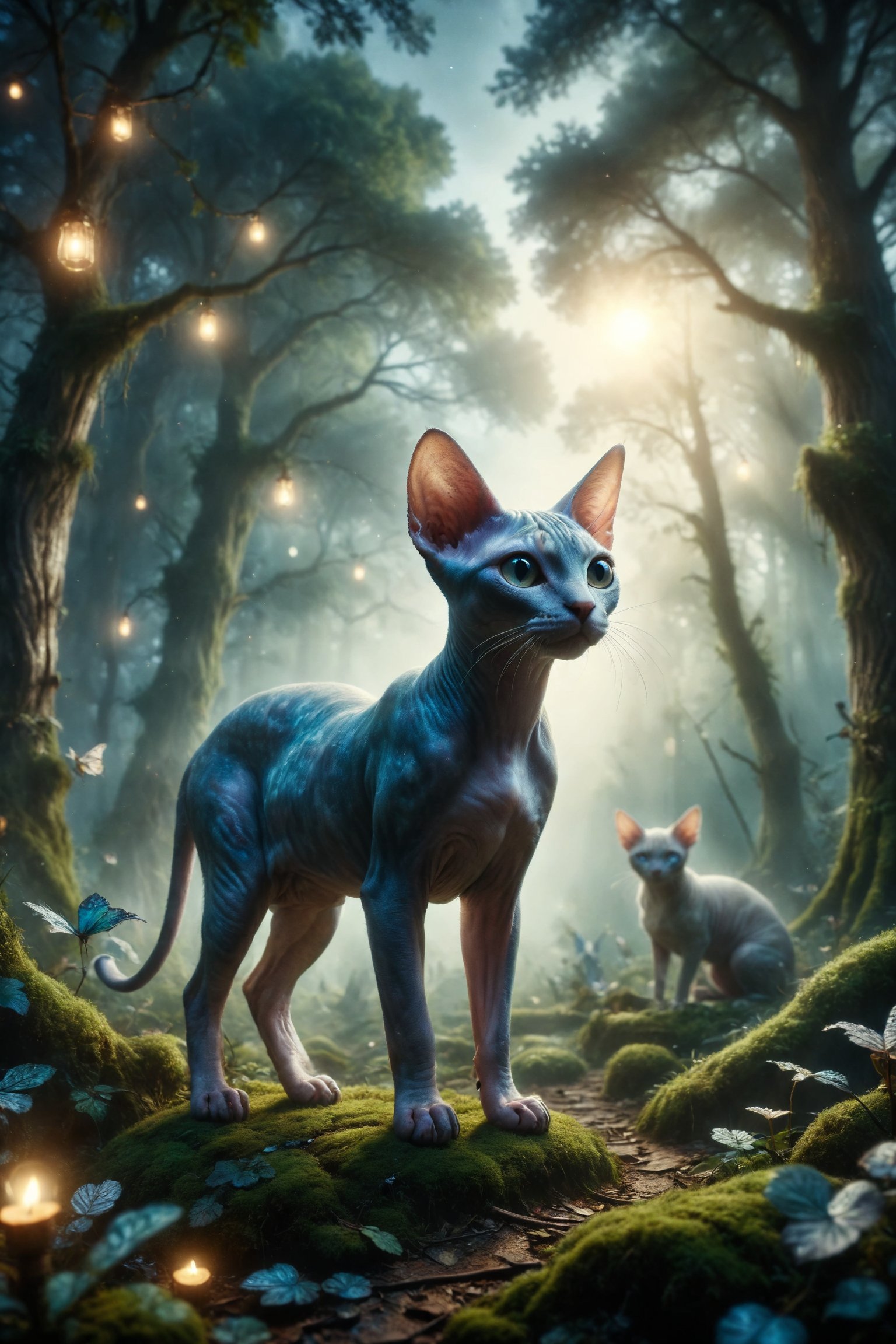 Design a fantasy scene where a Sphynx cat with mist skin glides among the trees of an enchanted forest full of mysterious lights and magical creatures under the moonlight.