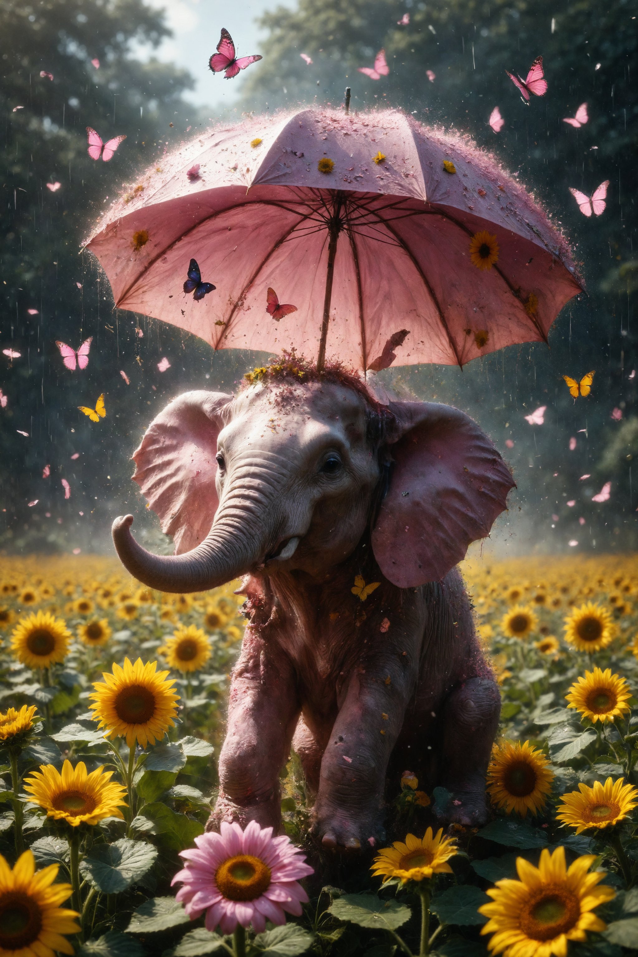 A pink elephant with butterfly wings flies over a field of sunflowers, while beneath it, in the shadows, the sunflowers turn into umbrellas sheltering frogs from a confetti rain.