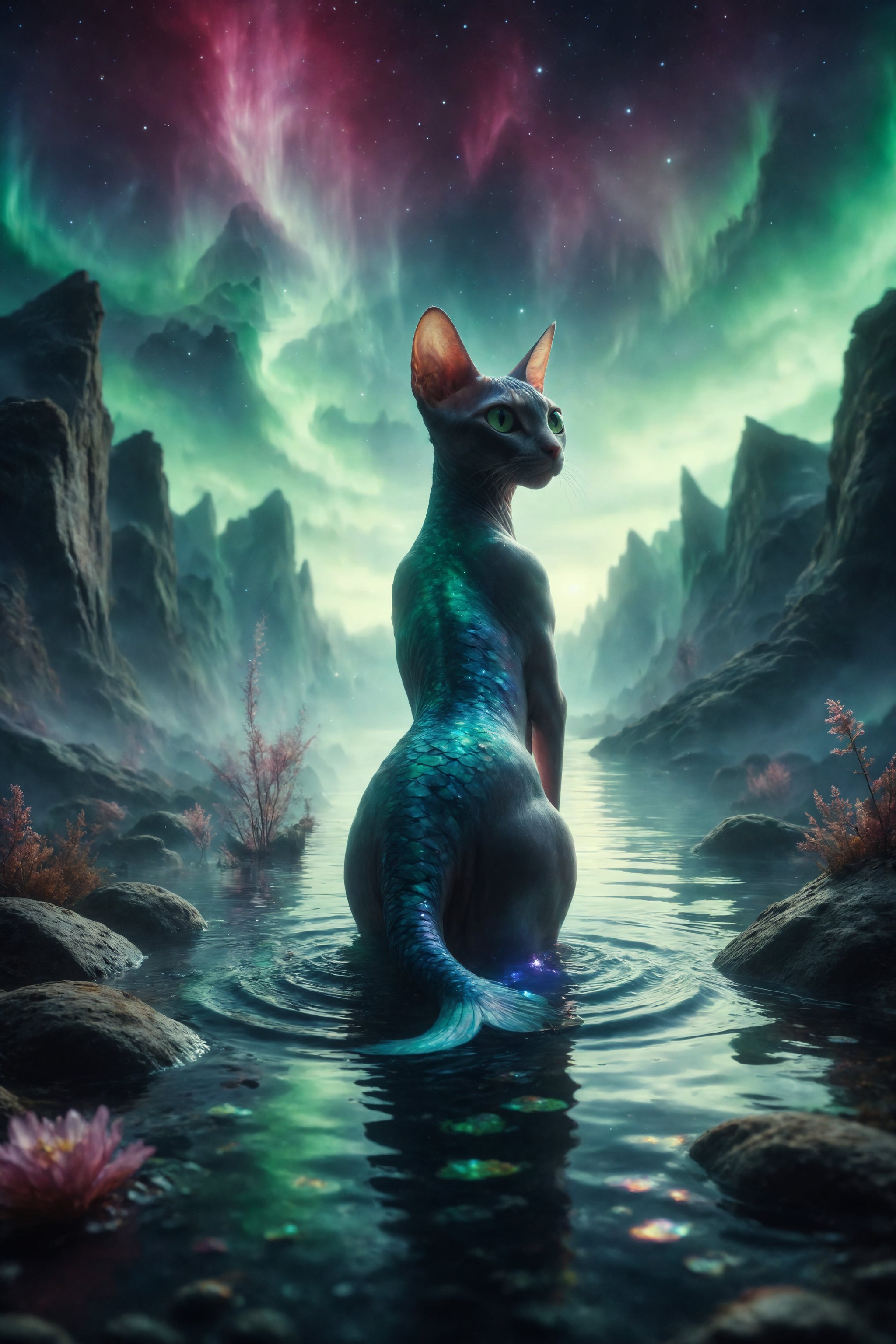 Design a surreal scene of a Sphynx cat with a mermaid tail, playing in a neon lake under the glow of the northern lights in a dreamy underwater world.