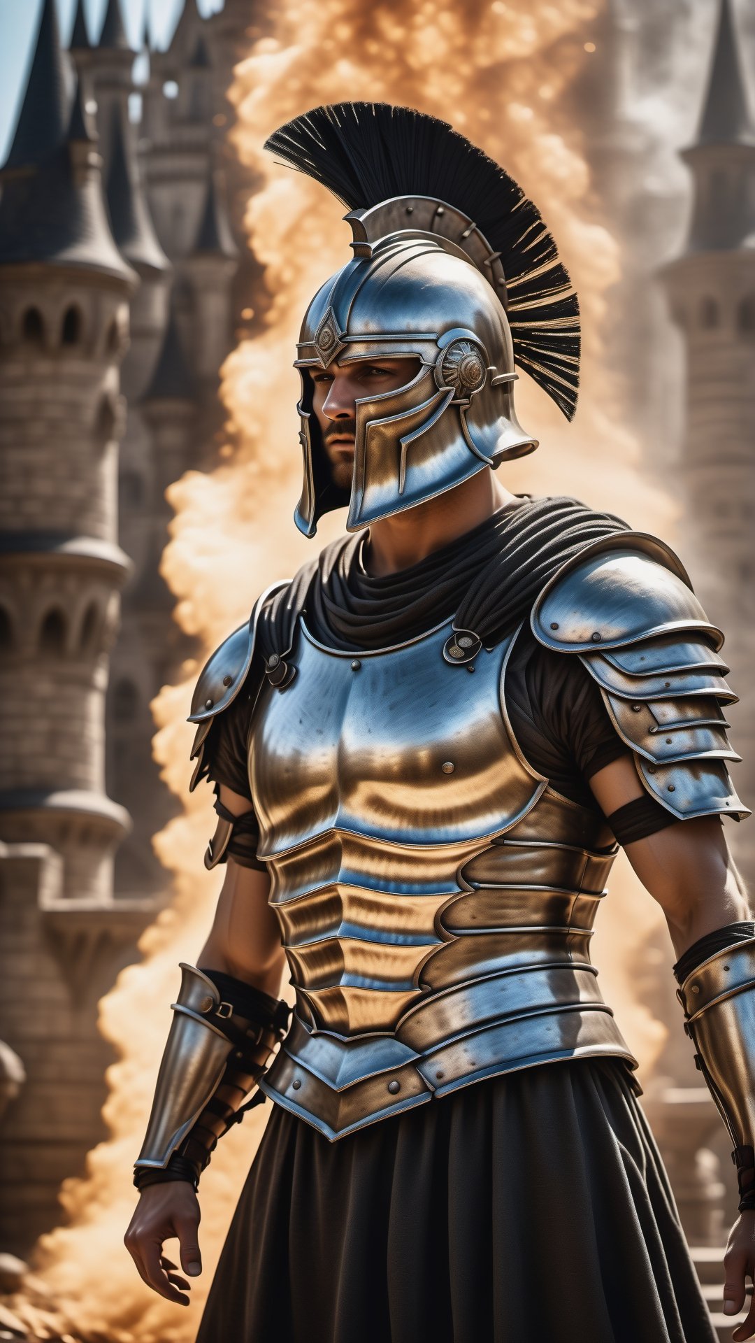 (best quality,  highres,  ultra high resolution,  masterpiece,  realistic,  extremely photograph,  detailed photo,  8K wallpaper,  intricate detail,  film grains),  High definition photorealistic photography of ultra luxury,  Design concept of premium collectible Gothic and Medieval-style gladiator armor, set in a chaotic environment with swirling fire particles and a Gothic castle in the background. A luxurious design featuring marble,  glass,  and golden metal,  with black and white details. The design is inspired by the main stage of Tomorrowland 2022,  with ultra-realistic gothic details and a high level of intricacy in the image.