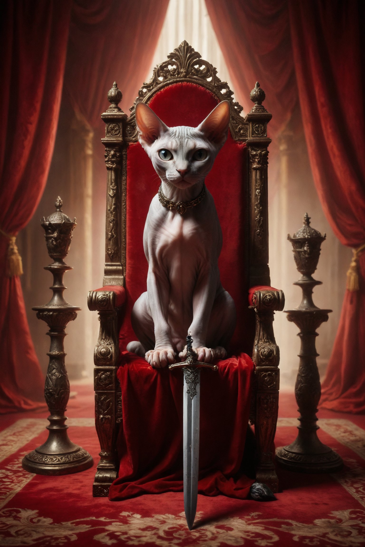 Design a scene of a Sphynx cat seated on a throne, holding a balance in one paw and a sword in the other, with a red curtain in the background, symbolizing truth, balance, and justice.