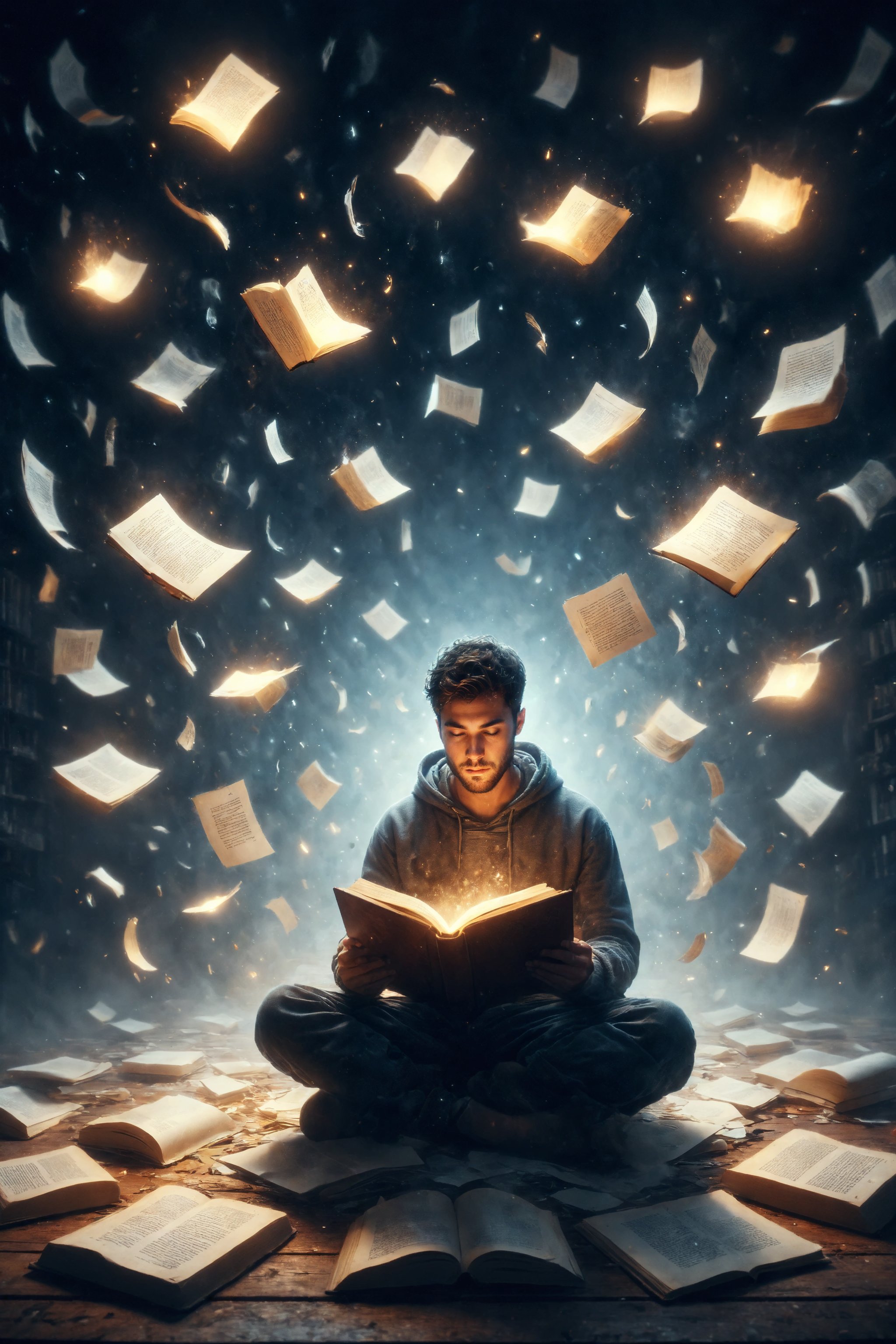 Create an illustration of a person reading a book floating in the air, surrounded by loose pages and glowing letters.