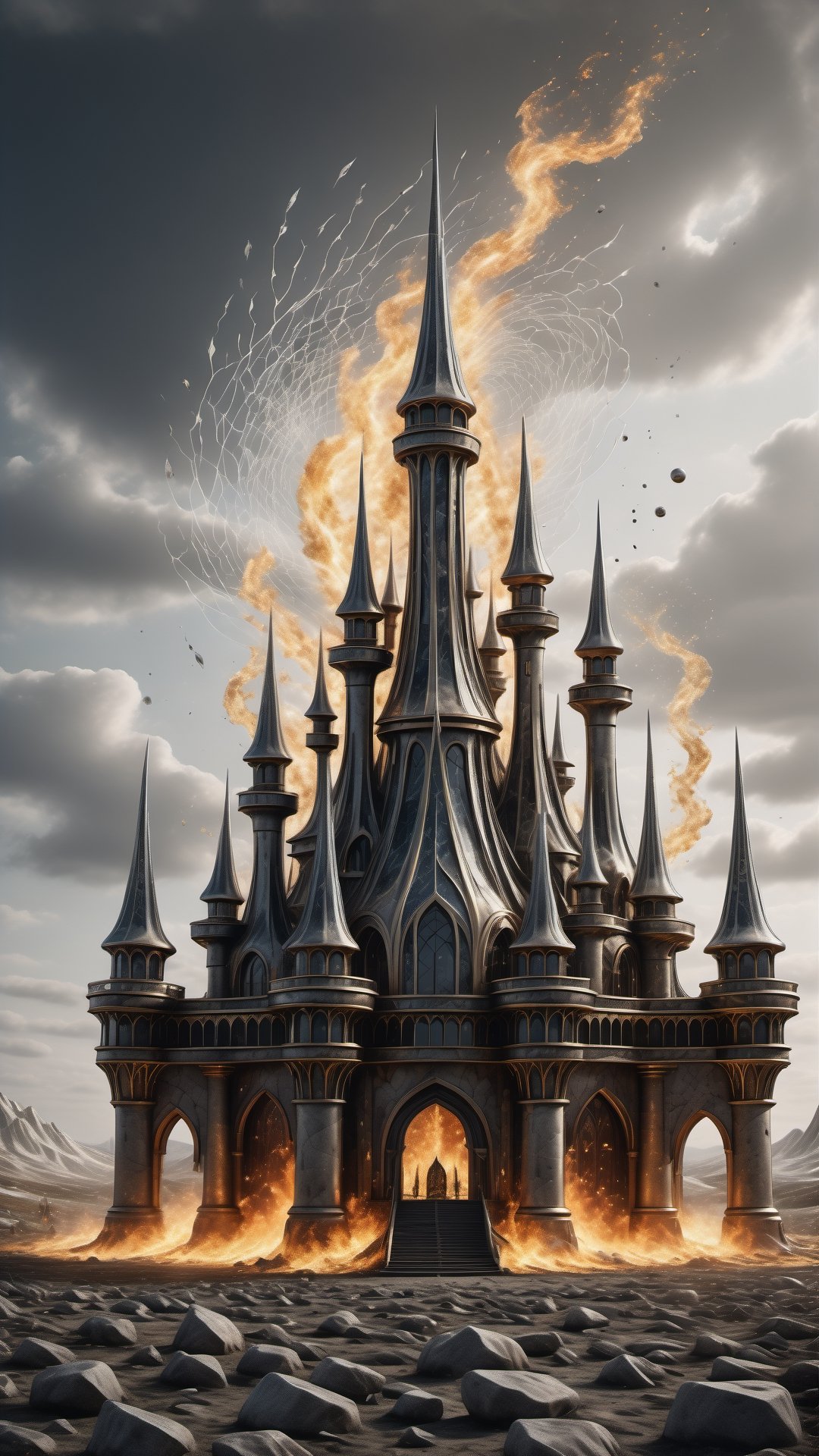 (best quality,  highres,  ultra high resolution,  masterpiece,  realistic,  extremely photograph,  detailed photo,  8K wallpaper,  intricate detail,  film grains),  High definition photorealistic photography of ultra luxury,  Design concept of premium collectible Gothic and Medieval-style casco de vikingo, set in a chaotic environment with swirling fire particles and a Gothic castle in the background. A luxurious design featuring marble,  glass,  and golden metal,  with black and white details. The design is inspired by the main stage of Tomorrowland 2022,  with ultra-realistic gothic details and a high level of intricacy in the image.