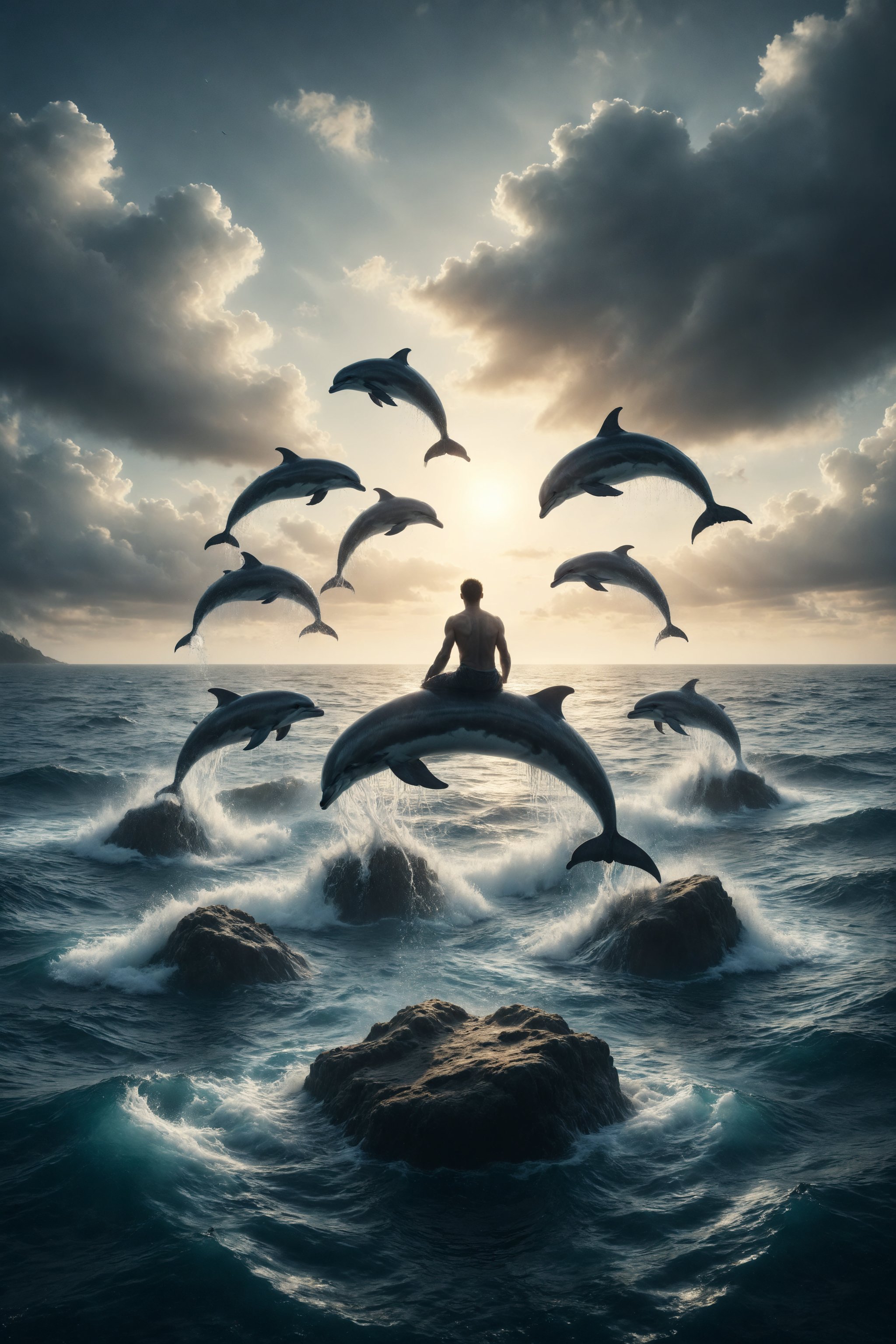 Generate an image of a person sitting on a rock in the middle of the sea, surrounded by jumping dolphins.