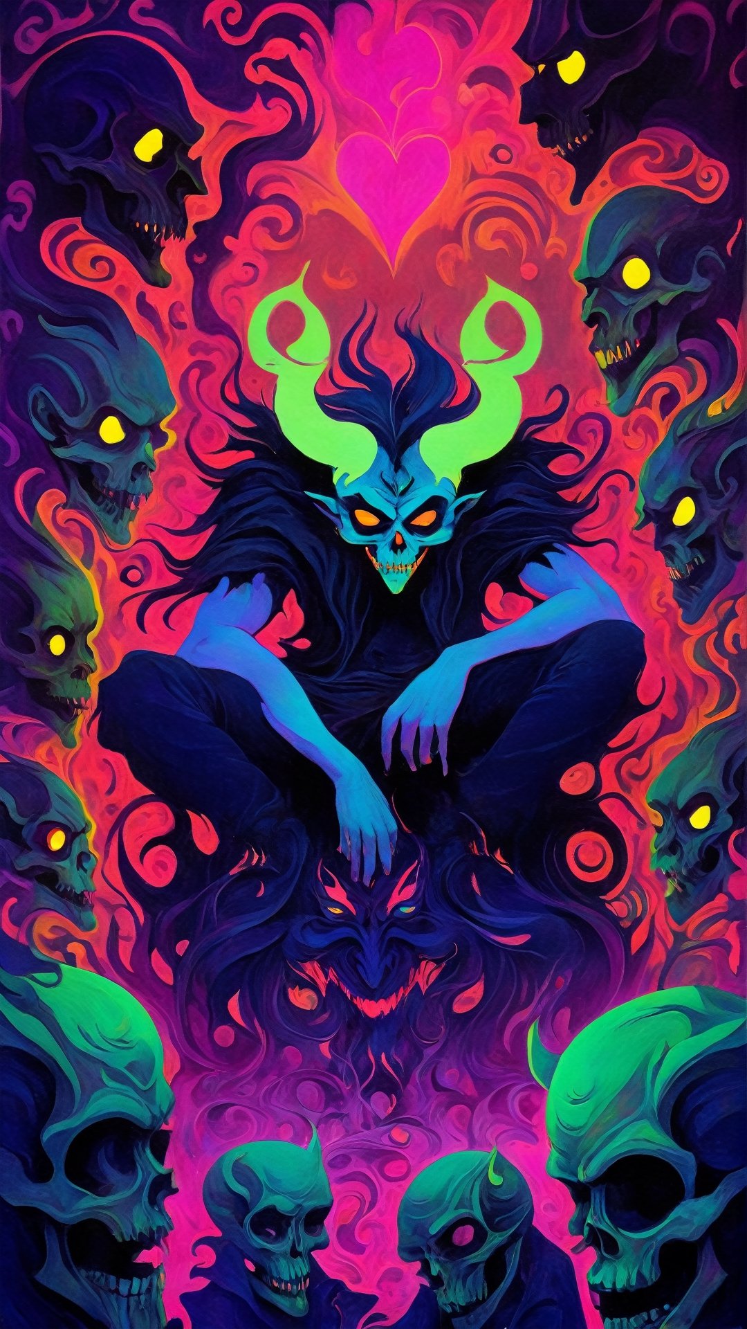 demon of toxic relations, addiction, Embodiment of toxicity, unrequited love, 1man, sorrow, psychodelic, highly detailed art surrounded by enemies. clueless