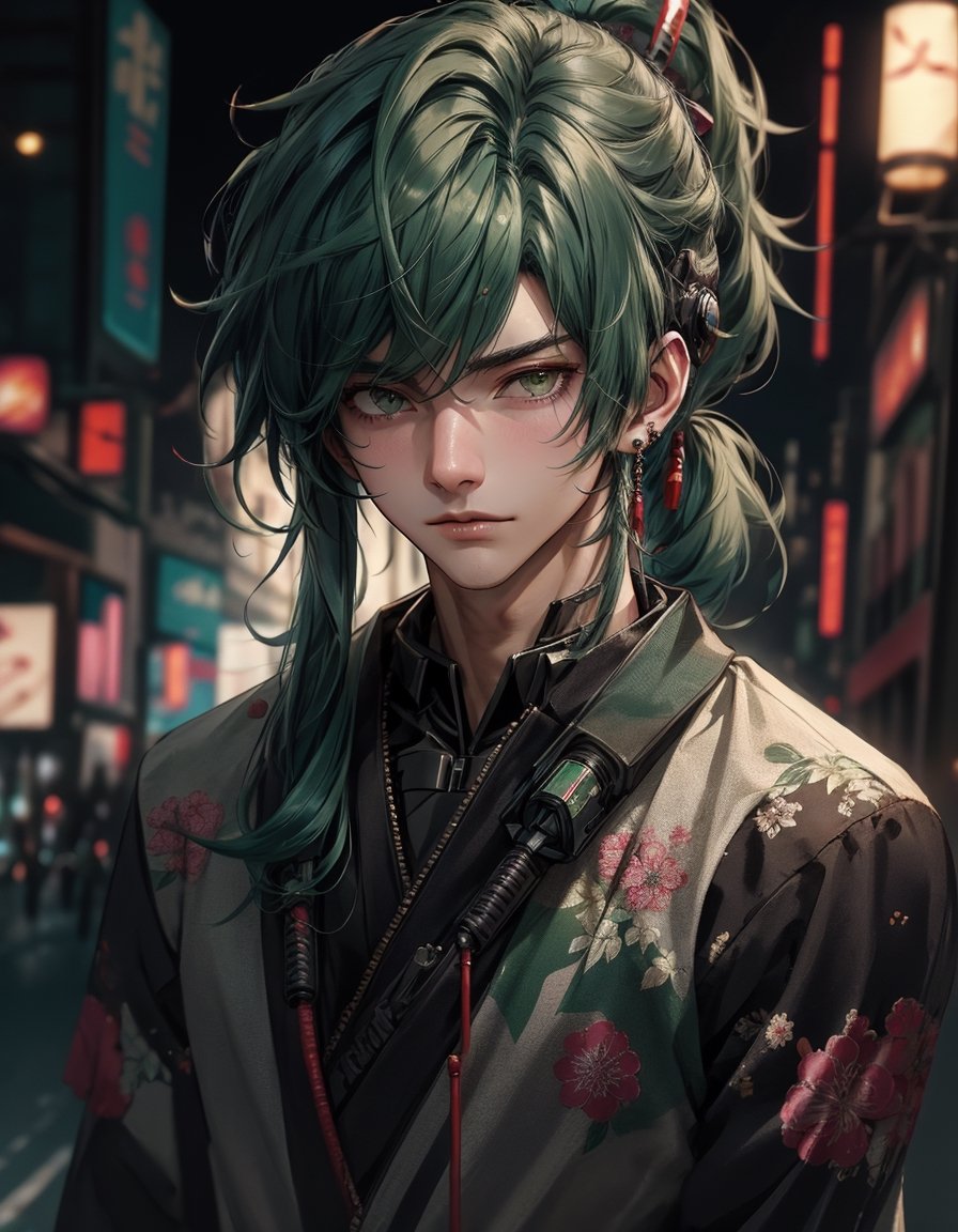 cyberpunk style, 1boy, solo, looking at viewer, suit clothes, samurai hair, mechanical arms, earrings, blurry background, cyberpunk, floral print, cowboy shot, Best quality, best illustration, best lighting, incredible quality, highly detailed 8k CG wallpaper, detailed eyes, detailed face, detailed hair, 1man,Detailedface, Detailedeyes, green hair, pony_tail, boy, handsome
