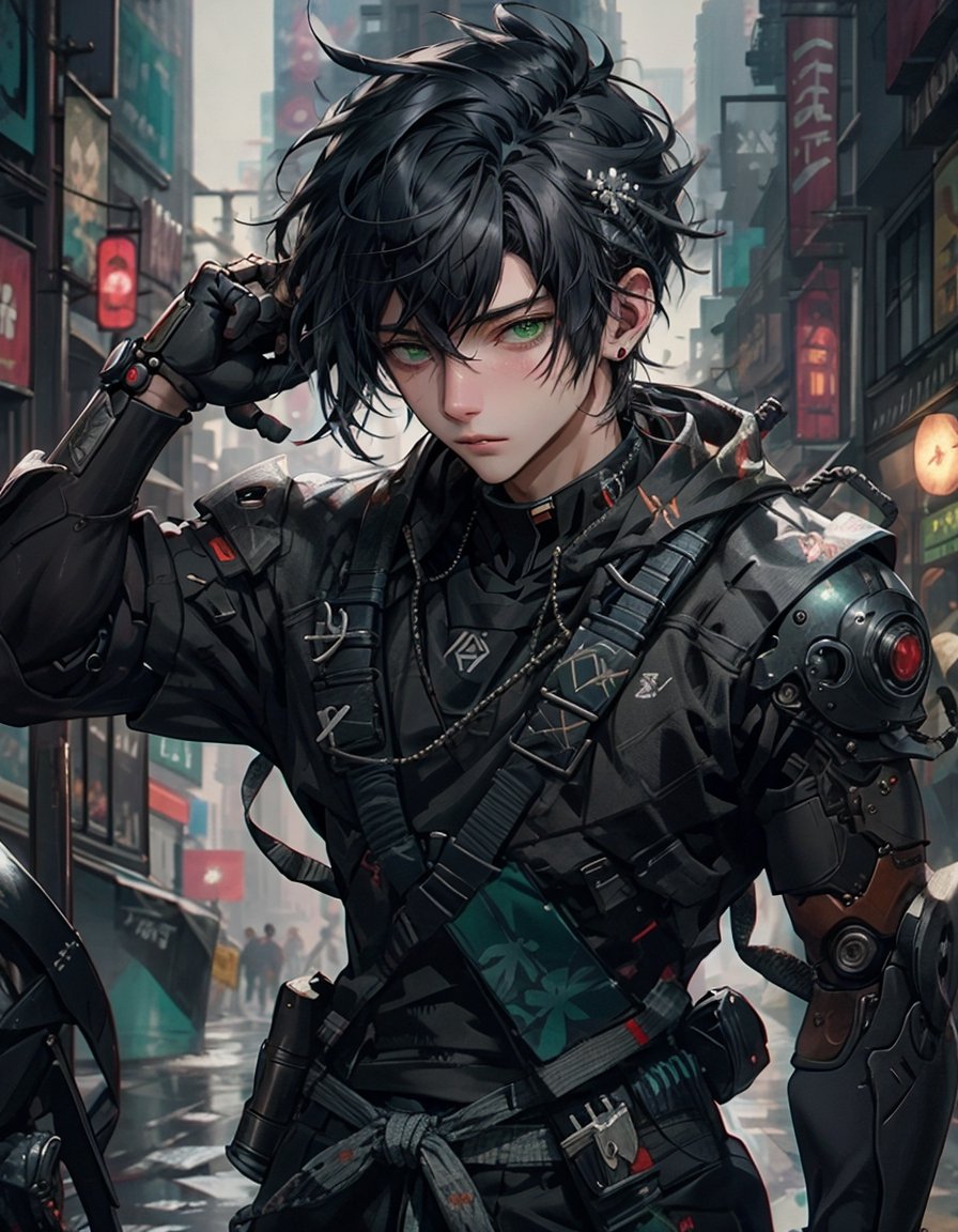 cyberpunk style, 1boy, solo, looking at viewer, suit clothes, samurai hair, mechanical arms, earrings, blurry background, cyberpunk, floral print, cowboy shot, Best quality, best illustration, best lighting, incredible quality, highly detailed 8k CG wallpaper, detailed eyes, detailed face, detailed hair, 1man,Detailedface , green eyes