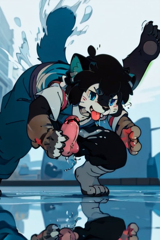 perfecteyes , (masterpiece:1.2), (anatomically correct:1.1), high quality, (((solo male anthropomorphic))) kemono furry_transformation cat fursona, 1cat boy, blue fur, blue eyes,(black nose), white hands paws, white feet, ((cat hands:1.2)), ((cat feet:1.2)),  ((sfw)), ((1boy)), absurd res, digital painting \(artwork\),male, solo:1.3, 4 toes, cat feet, reflection, countershading, discord, (motion lines:1.1),penis, tuxedo, tongue out,serve, hypnotize,ejaculate,Luo Xiaohei