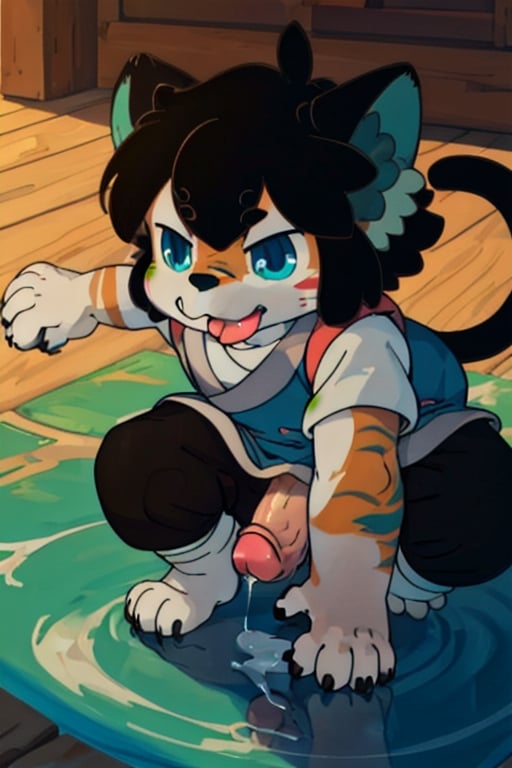 perfecteyes , (masterpiece:1.2), (anatomically correct:1.1), high quality, (((solo male anthropomorphic))) kemono furry_transformation cat fursona, 1cat boy, blue fur, blue eyes,(black nose), white hands paws, white feet, ((cat hands:1.2)), ((cat feet:1.2)),  ((sfw)), ((1boy)), absurd res, digital painting \(artwork\),male, solo:1.3, 4 toes, cat feet, reflection, countershading, discord, (motion lines:1.1),penis, tuxedo, tongue out,serve, hypnotize,ejaculate,Luo Xiaohei