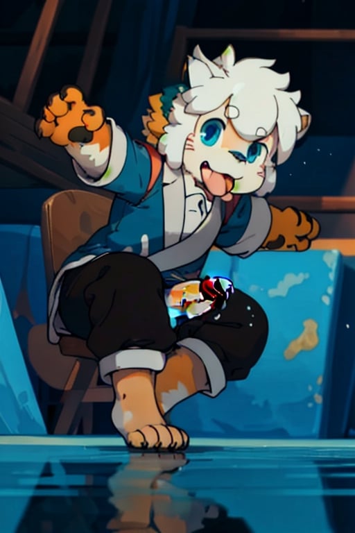 perfecteyes , (masterpiece:1.2), (anatomically correct:1.1), high quality, (((solo male anthropomorphic))) kemono furry_transformation cat fursona, 1cat boy, blue fur, blue eyes,(black nose), white hands paws, white feet, ((cat hands:1.2)), ((cat feet:1.2)),  ((sfw)), ((1boy)), absurd res, digital painting \(artwork\),male, solo:1.3, 4 toes, cat feet, reflection, countershading, discord, (motion lines:1.1),penis, tuxedo, tongue out,serve, hypnotize,ejaculate,Luo Xiaohei