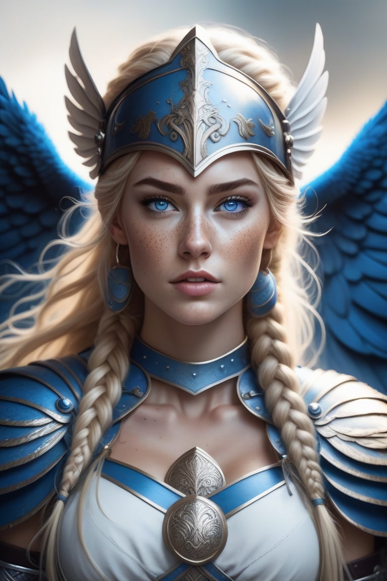 beautiful realistic freya goddess, freckles on face, (long intense blonde hair with big braid), blue eyes, dressed in white and blue viking cuirass, ((helmet with large wings)),