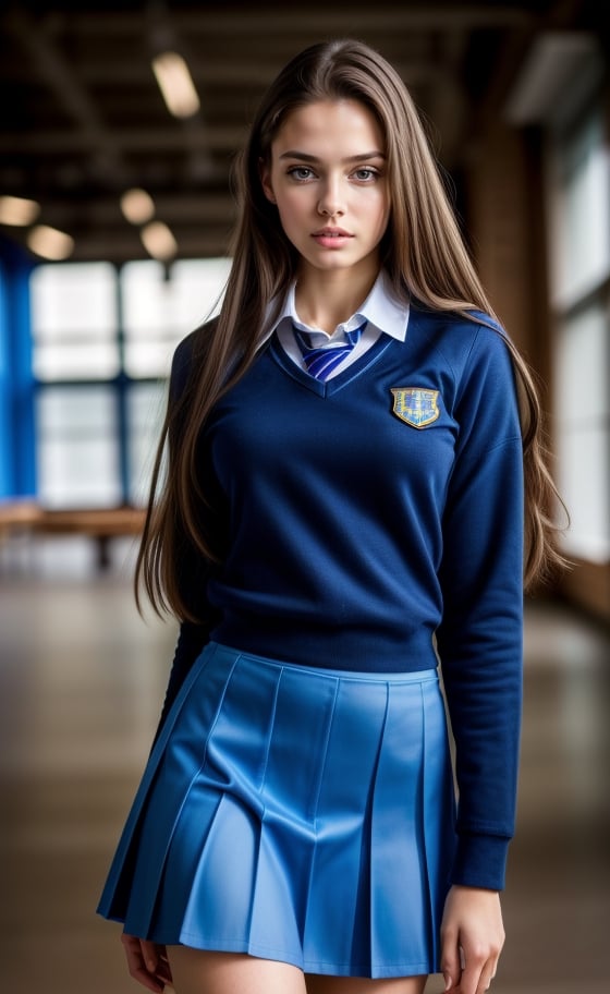 super realistic image, high quality uhd 8K, of 1 girl, detailed realistic ((slim body, high detailed)), (tall model), long brunete hair, high detailed realistic skin, (school uniform with miniskirt), real vivid colors, standing