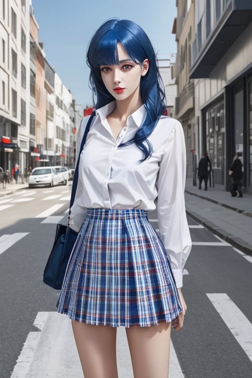 realistic pretty girl, full body, red eyes, ((deep blue hair)), white blouse, schoolboy blue and white plaid miniskirt, in realistic street of futuristic city