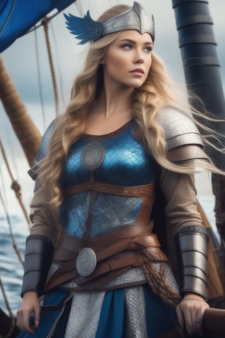 beautiful freya goddess, full body, freckles on face, (long deep blonde hair with big braid), blue eyes, viking armor, ((helmet with large wings)), on bow of viking ship