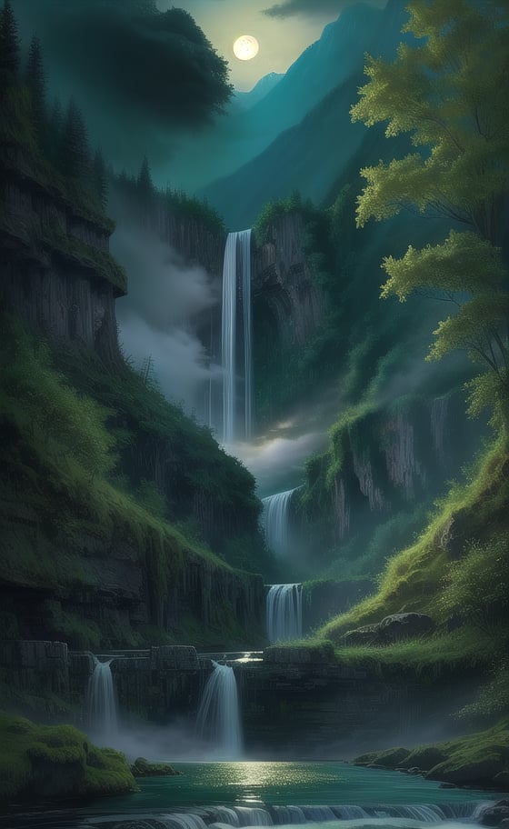 at night, beautiful waterfall between mountains, torrent of falling water, fantasy atmosphere, green environment, river, moonlit, good lighting, photorealistic image, masterpiece, high quality, sharp focus
