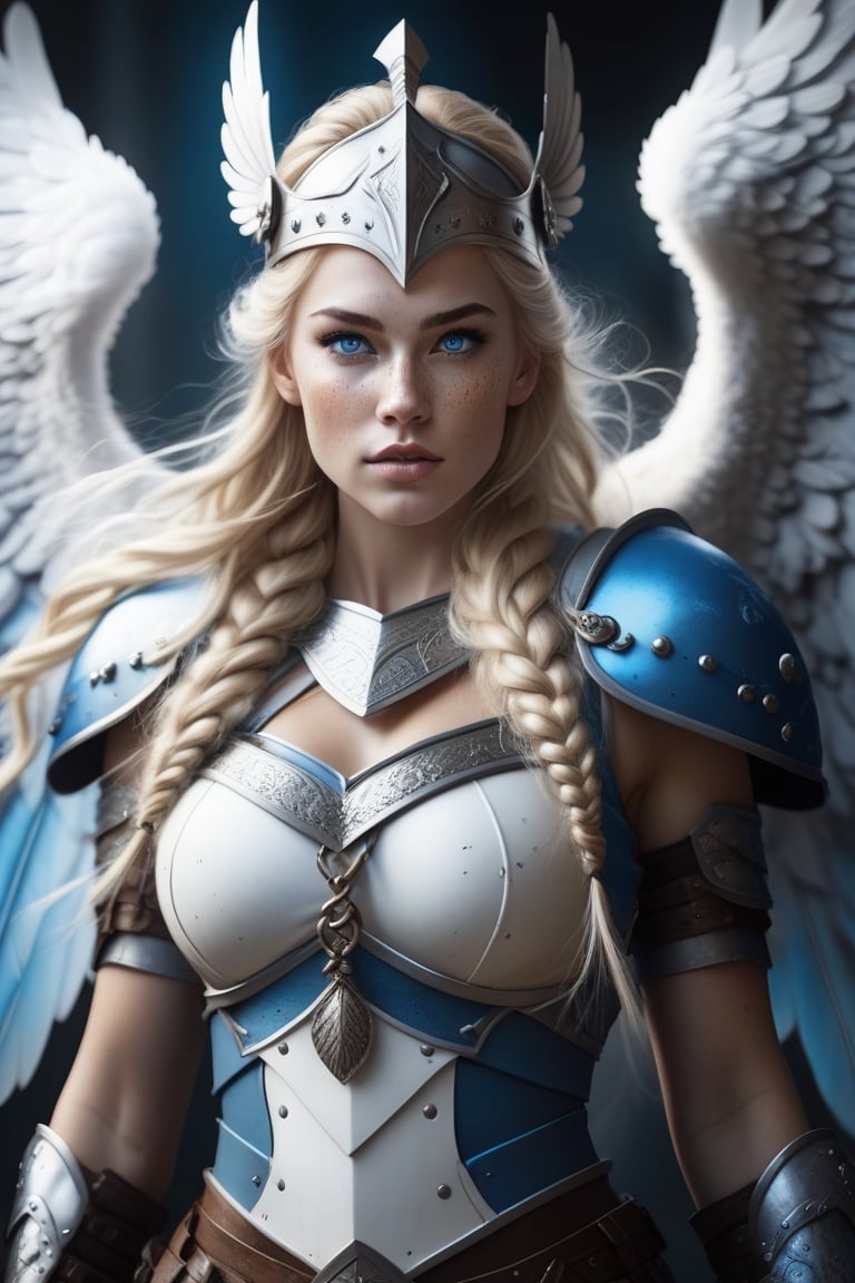 beautiful realistic freya goddess, freckles on face, (long intense blonde hair with big braid), blue eyes, dressed in white and blue viking cuirass, ((helmet with large wings)),