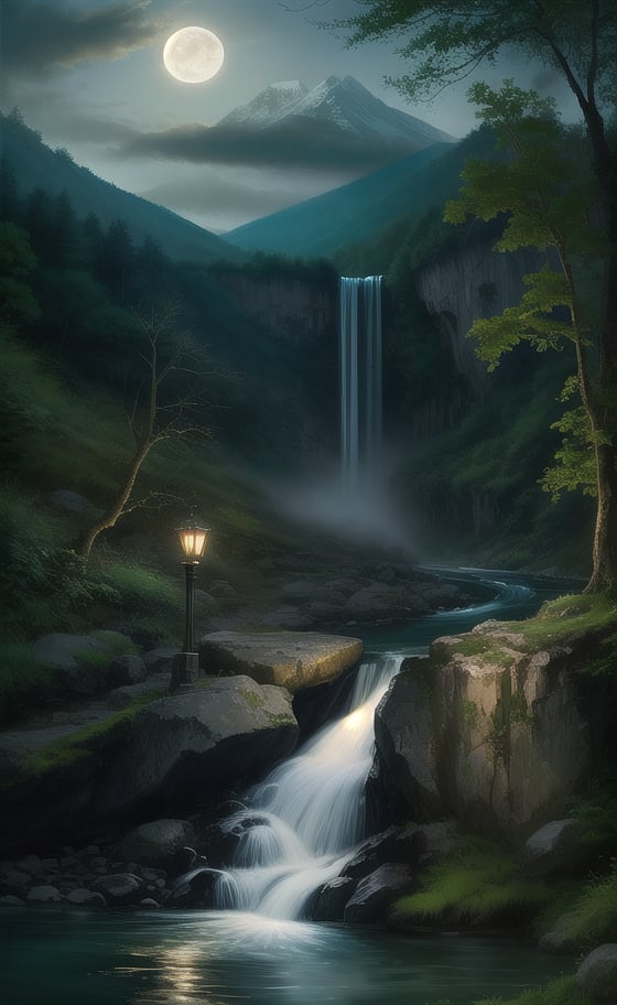 at night, beautiful waterfall between mountains, torrent of falling water, fantasy atmosphere, green environment, river, moonlit, good lighting, photorealistic image, masterpiece, high quality, sharp focus