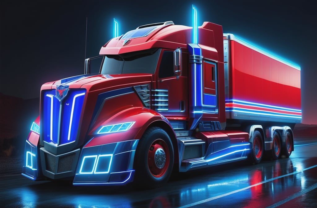 photorealistic image, masterpiece, high quality 8K, of a futuristic science fiction fantasy ((Optimus Prime long truck)), Tron legacy, blue and red neon lights, good lighting, at night, sharp focus