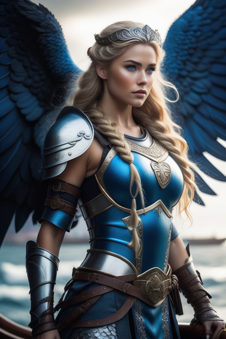 beautiful freya goddess, full body, freckles on face, (long deep blonde hair with big braid), blue eyes, white viking armor, ((helmet with large wings)), on bow of viking ship