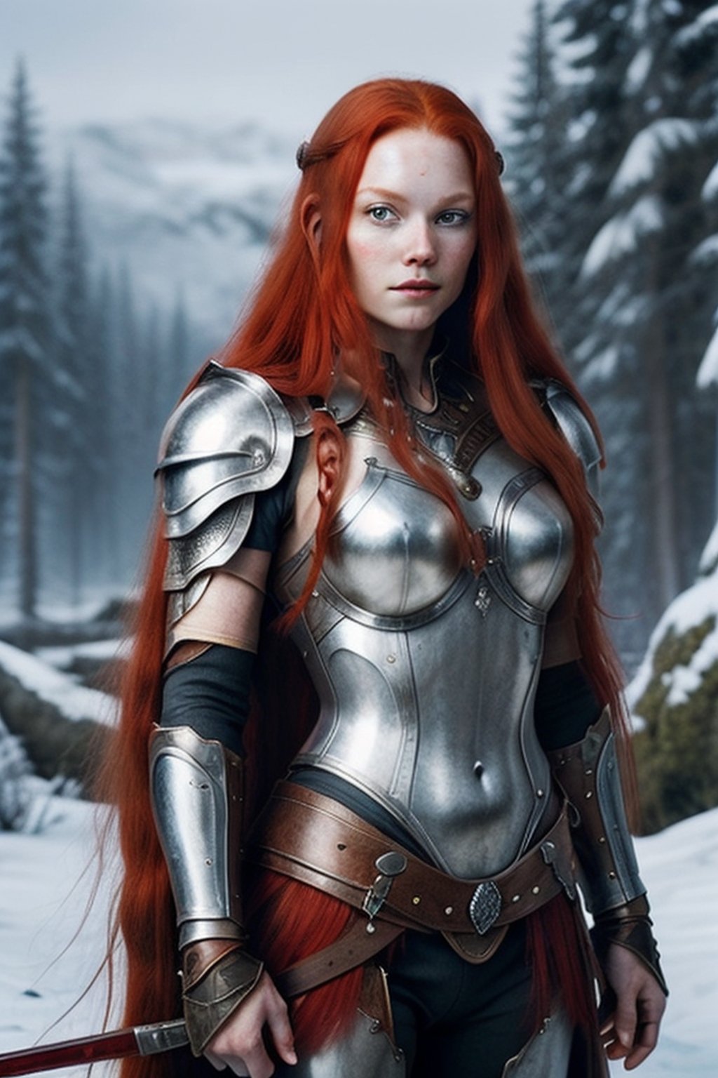 
very beautiful realistic woman, young, (long red hair), viking goddess, silver Knights of the Zodiac