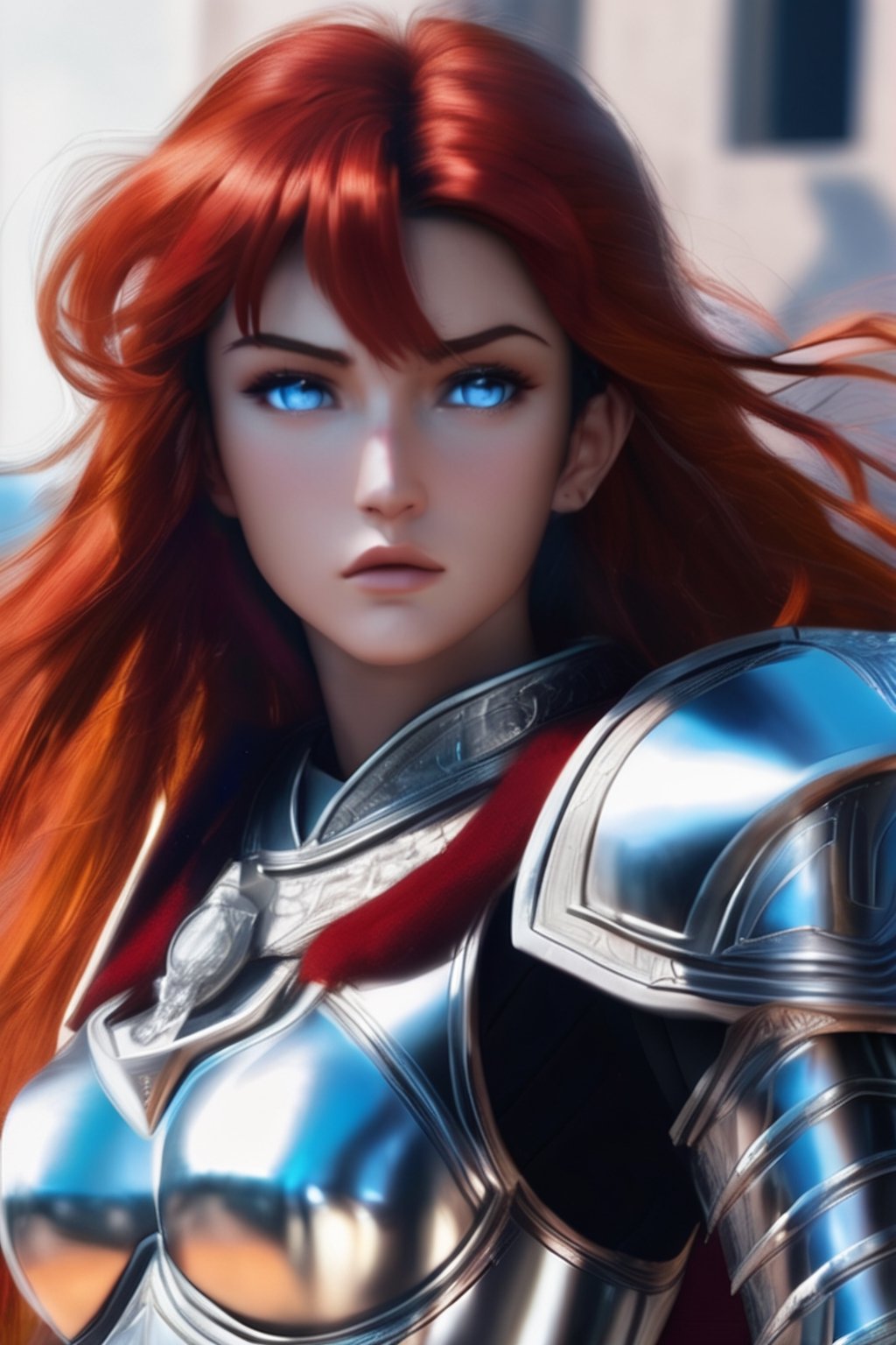 
realistic beautiful woman, realistic silver saint seiya armor, ((deep blue eyes)), ((bright super red hair, medium length)), ((small red freckles))