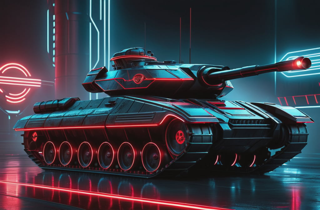 photorealistic image, masterpiece, high quality 8K, of a futuristic science fiction fantasy super hoovertank, Tron legacy, black and red neon lights, good lighting, at night, sharp focus