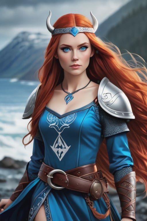 Beautiful realistic woman full body, Viking princess, (long bright red hair), (deep blue eyes), blue Viking princess dress, metal shoulder pads, (princess belt with runes)