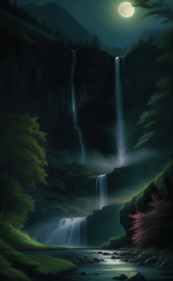 at night, beautiful waterfall between mountains, torrent of falling water, fantasy atmosphere, green environment, river, moonlit, good lighting, photorealistic image, masterpiece, high quality, sharp focus