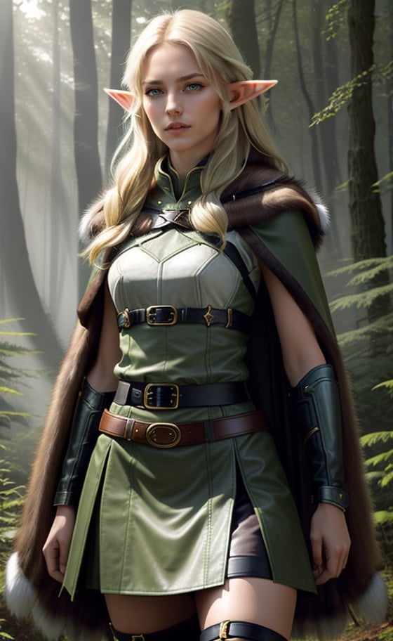 Photorealistic image ((Masterpiece)), ((high quality)) UHD 8K, of a beautiful girl, Viking elf warrior, slim, thin, tall model, (long elf ears), (medium chest), (thin waist), (hair long blonde), (deep blue eyes), ((Leather armor with short green skirt and intricate details, Various belts at waist), (Arrow holster at waist), ((fur cape)), (in the forest), Natural lighting, professional DSLR camera,high_elf_archer