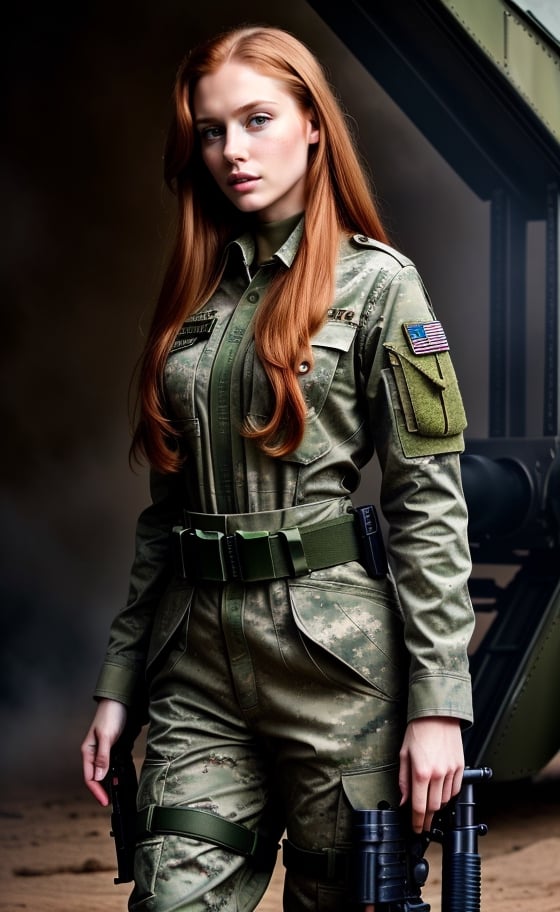 super realistic image, high quality uhd 8K, of 1 girl, detailed realistic ((slim body, high detailed)), (tall model), redhead, long ginger hair, high detailed realistic skin, (military camouflage uniform), (machine gun rifle), real vivid colors, standing