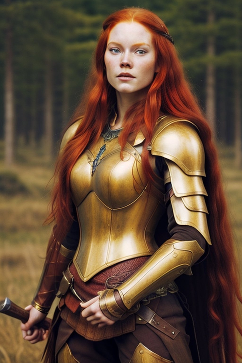 
very beautiful realistic woman, young, (long red hair), viking goddess, golden armor