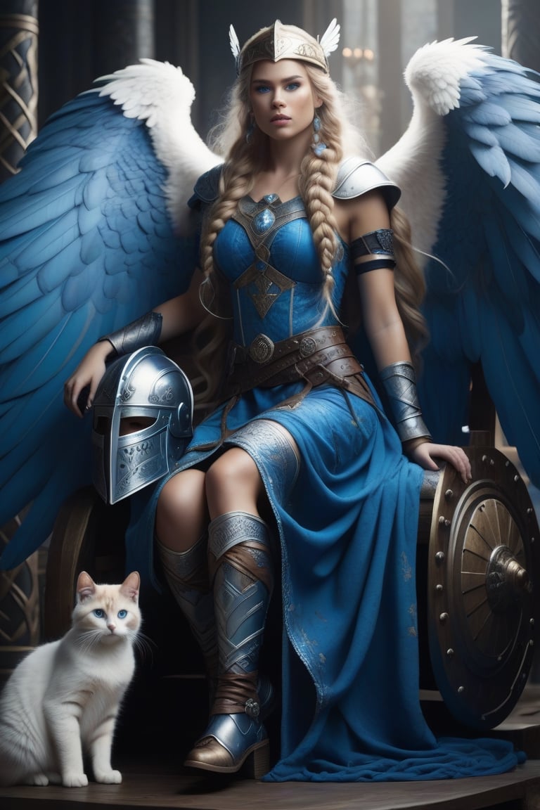 beautiful freya goddess, full body, freckles on face, (long deep blonde hair with big braid), blue eyes, white and blue viking dress, ((helmet with big wings)), on viking throne with two kittens