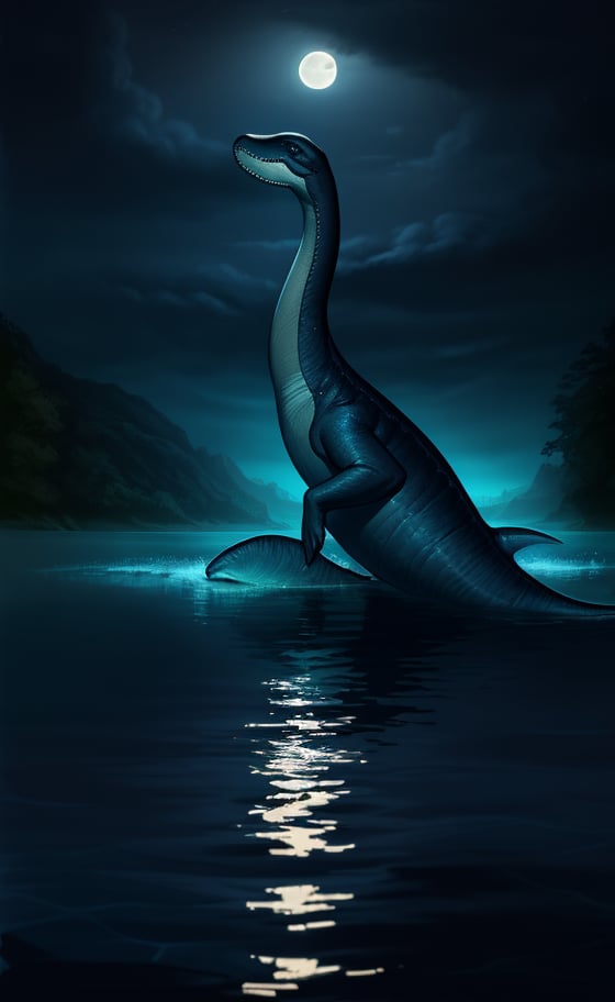 at night, beautiful creature under the water, lovely Nessy plesiosaur, Scottish mythology, fantasy atmosphere, swimming under Loch Ness, moonlight, good lighting, submerged photorealistic image, masterpiece, high quality, sharp focus