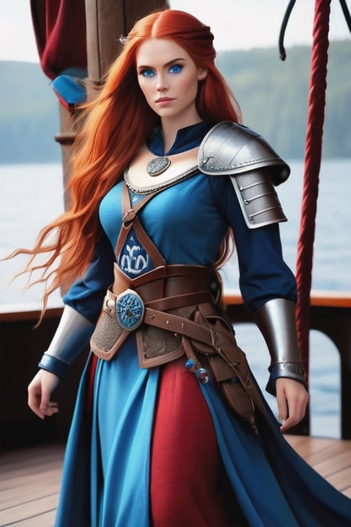 realistic beautiful woman full body, viking princess, (long bright red hair), (deep blue eyes), blue viking princess dress, metal shoulder pads, (princess belt with runes), on prow of drakkar ship