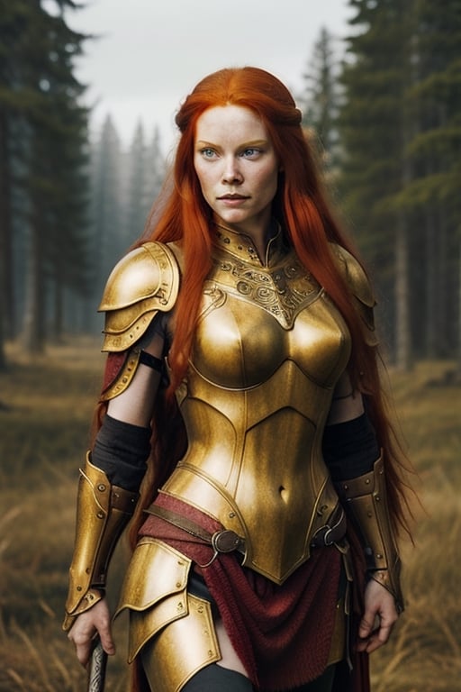 
very beautiful realistic woman, (long red hair), viking goddess, golden armor