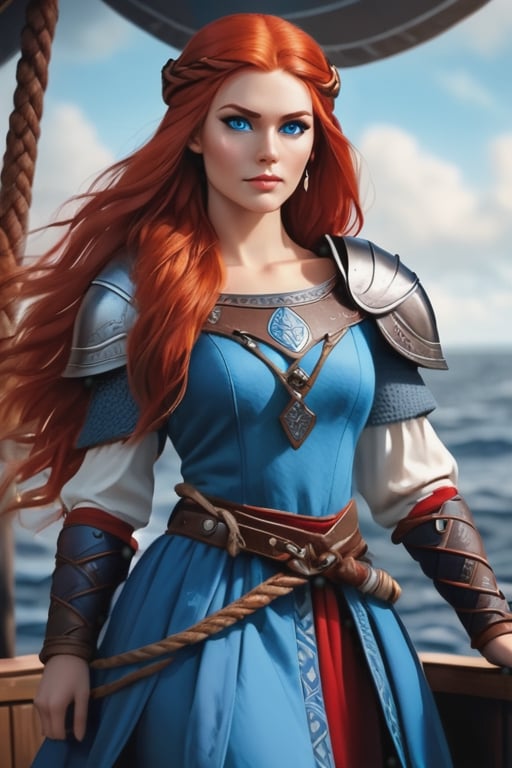 realistic beautiful woman full body, viking princess, (long bright red hair), (deep blue eyes), blue viking princess dress, metal shoulder pads, (princess belt with runes), on prow of drakkar ship