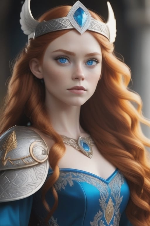 beautiful woman, full body view, viking princess, ((intense blue eyes)), ((redhead with long volume hair)), viking princess dress golden embroidery, silver winged crown