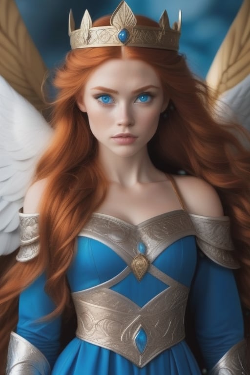 beautiful woman, viking princess, ((intense blue eyes)), ((redhead with long volume hair)), viking princess dress with golden embroidery, crown with silver wings