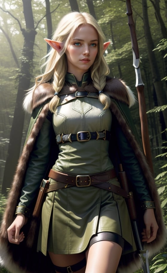 Photorealistic image ((Masterpiece)), ((high quality)) UHD 8K, of a beautiful girl, Viking elf warrior, thin, tall, (long elf ears), (medium chest), (thin waist), (hair long blonde), (deep blue eyes), ((Leather armor with short green skirt and intricate details, Various belts at waist), (Arrow holster at waist), ((fur cape)), (in the forest), Natural lighting, professional DSLR camera,high_elf_archer