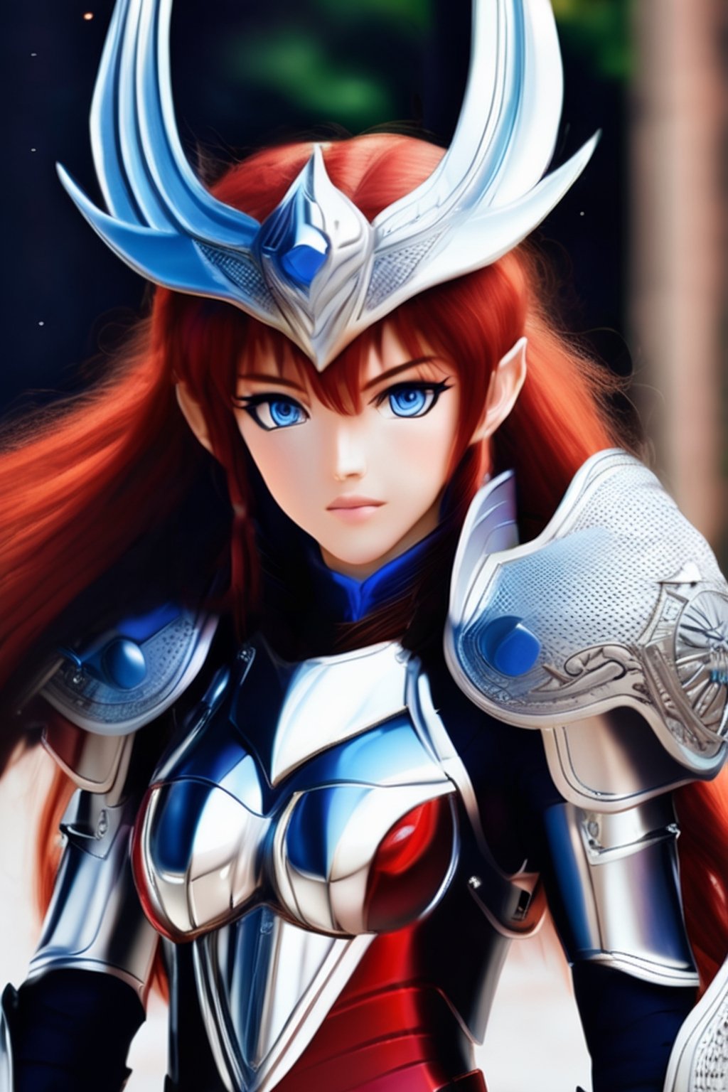 
realistic beautiful woman, realistic silver saint seiya armor, ((deep blue eyes)), ((bright super red hair, medium length)), ((small red freckles))