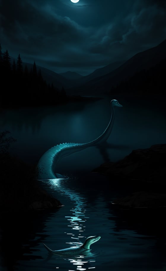 at night, beautiful creature under the water, lovely Nessy plesiosaur, Scottish mythology, fantasy atmosphere, swimming under Loch Ness, moonlight, good lighting, submerged photorealistic image, masterpiece, high quality, sharp focus